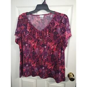 Jaclyn Smith Woman 2X* Blouse Short Sleeve Pink Purple Ruffle V Neck